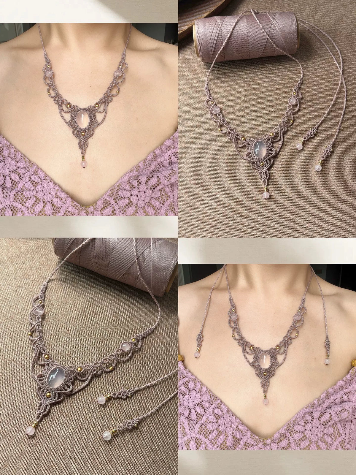 Handgeknoopt macrameketting met grote steen