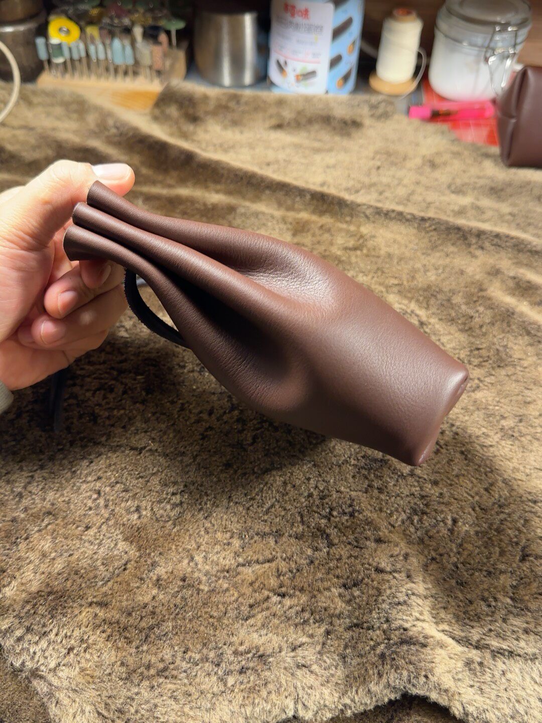 Long Leather Storage Bag for Collectibles - Matte Brown Drawstring Closure