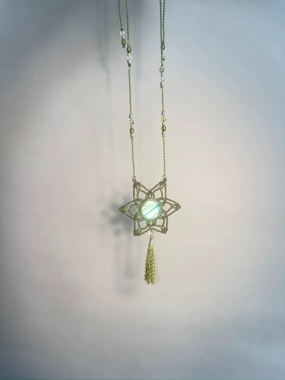 Handmade Labradorite Macrame Pendant Necklace with Olive Green Cord