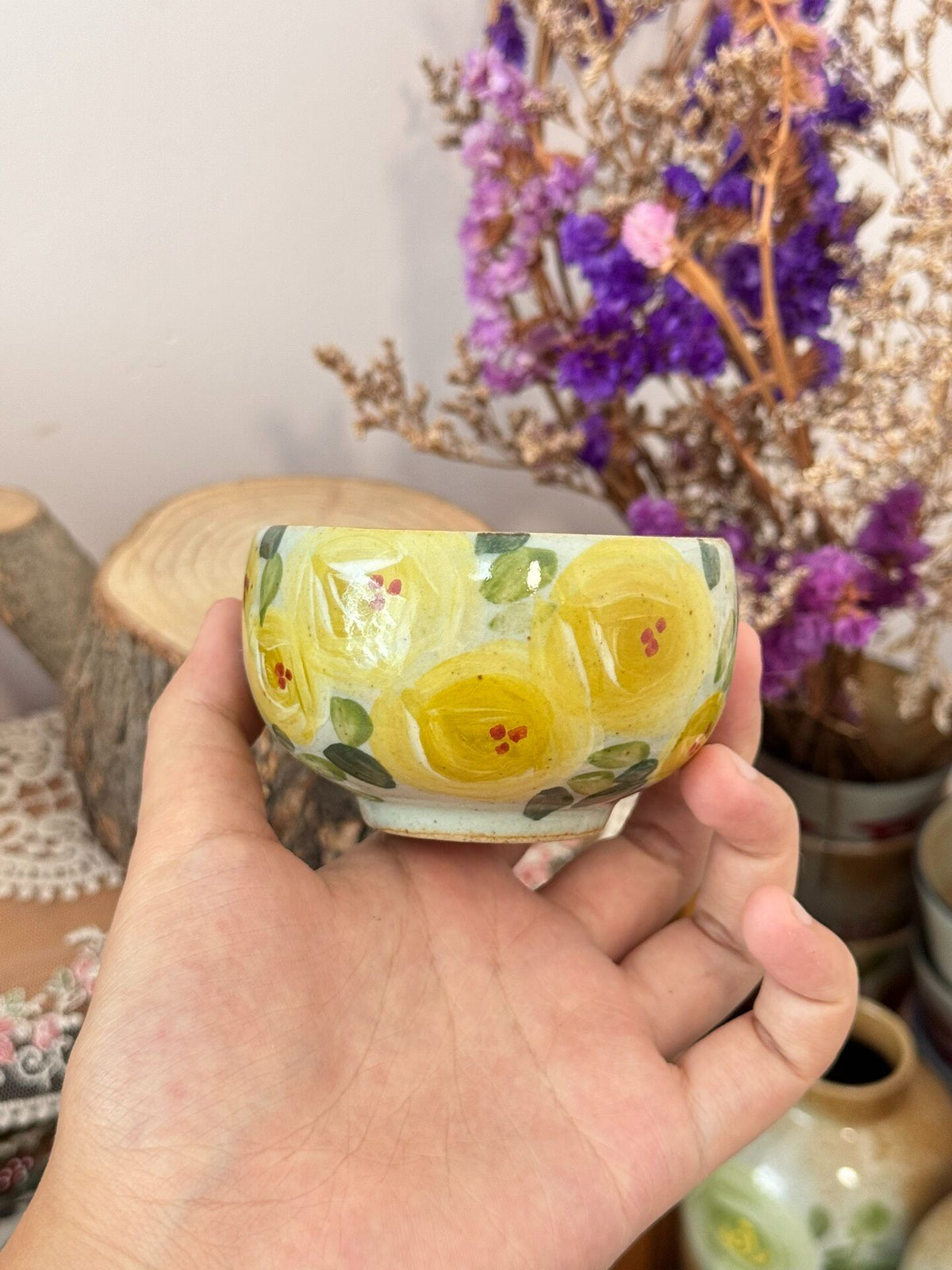 Handpainted Yellow Rose Ceramic Tea Cup