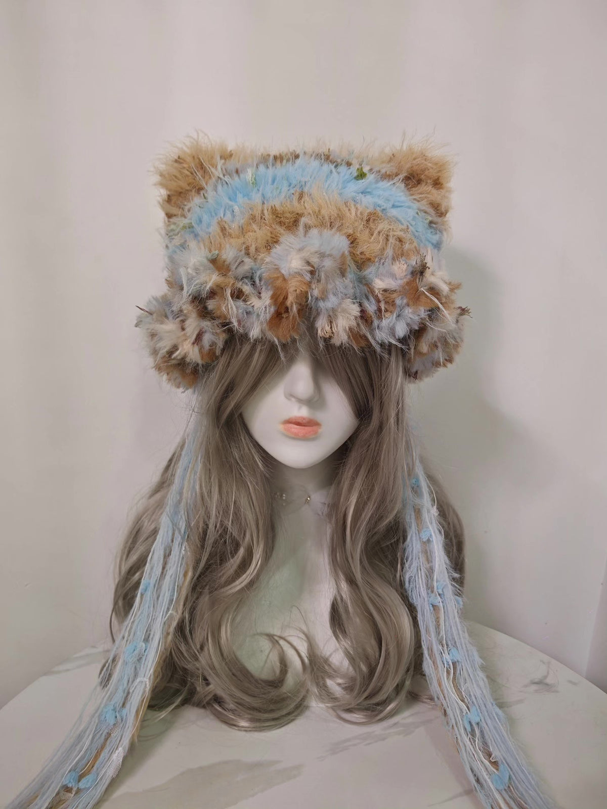 Blue Coffee Cat Ear Hat with Ribbons