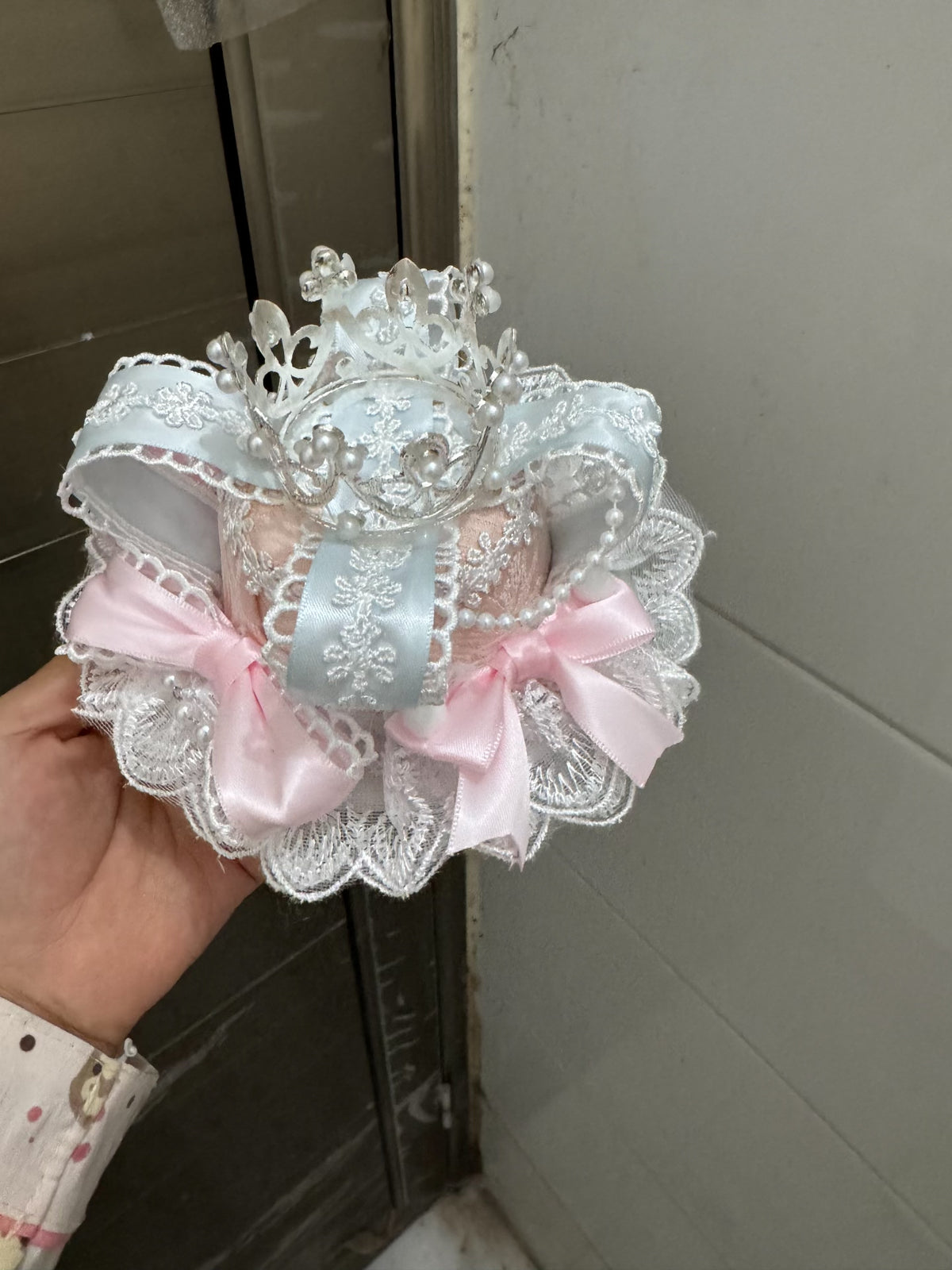 Blue Pink Lace Hat with Mini Tiara