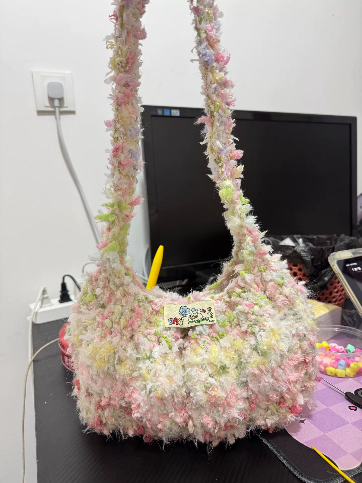 パステルコンフェッティ毛糸 ハンドメイド ショルダーバッグ