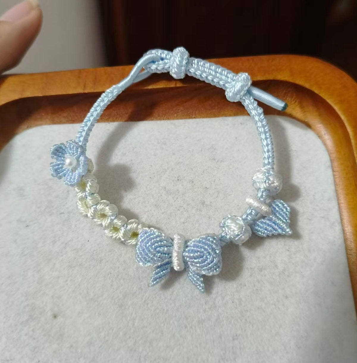 Handmade Light Blue Bow Flower Bracelet