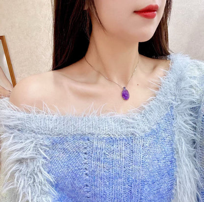 Pt950 Platinum Pendant with Purple Crystal Cameo and Blue Gemstone Accent