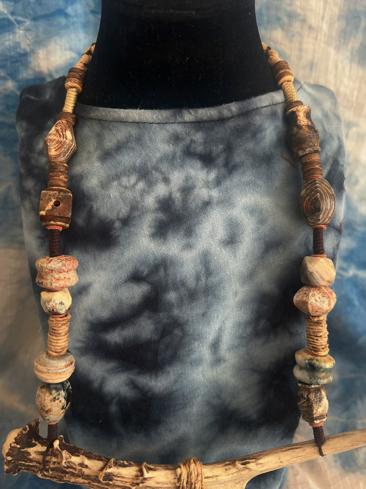 Handwoven Antler Necklace with Xiuyan Jade Pendant