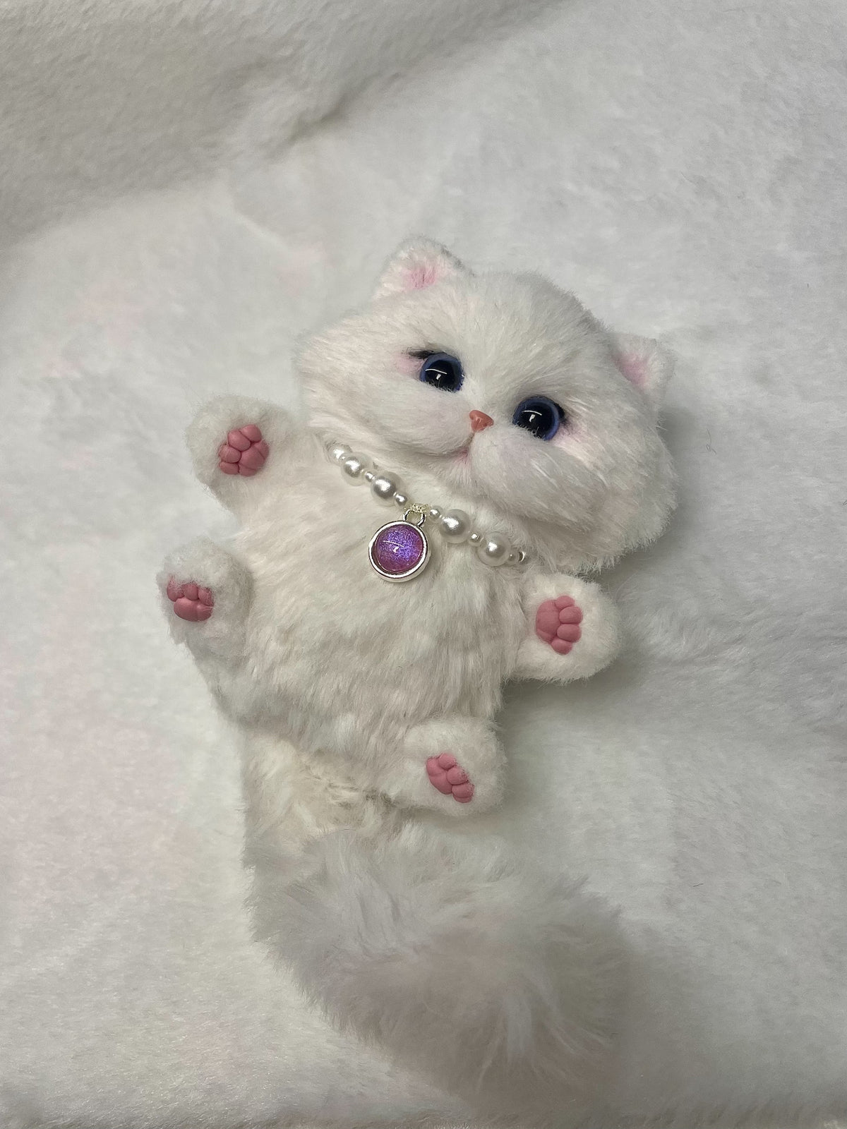 Handmade White Cat Doll with Pearl Necklace