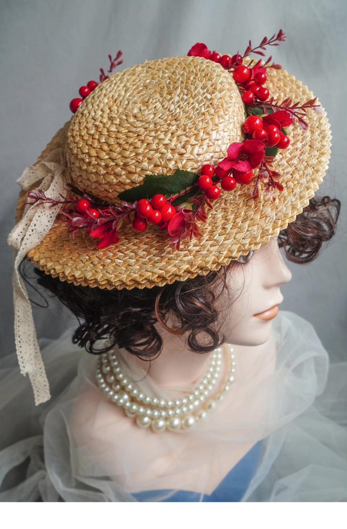 Vintage French Wheat Straw Hat with Floral Trim