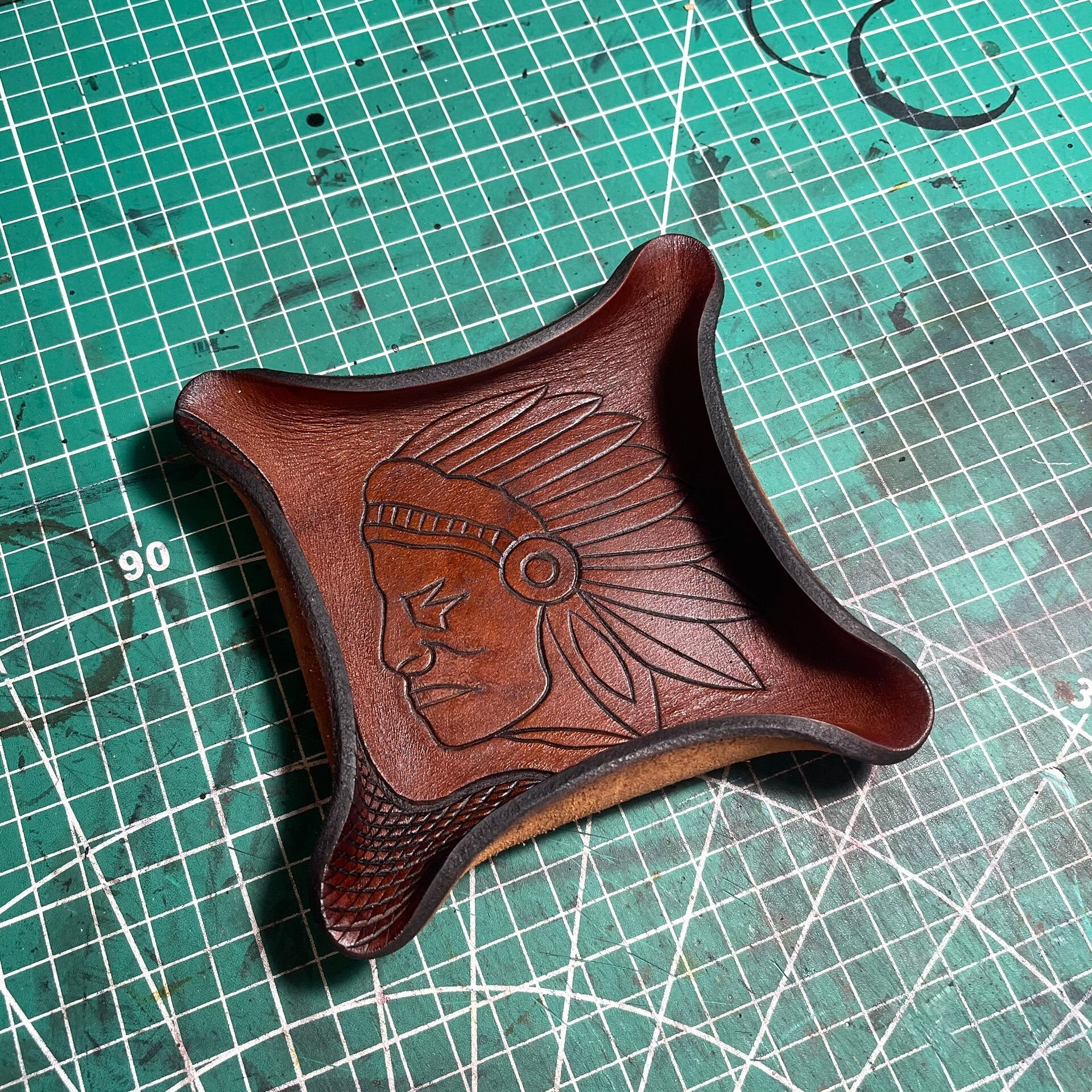 Square Vegetable-Tanned Leather Tray with Carved Portrait