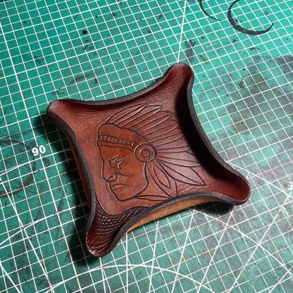 Square Vegetable-Tanned Leather Tray with Carved Portrait