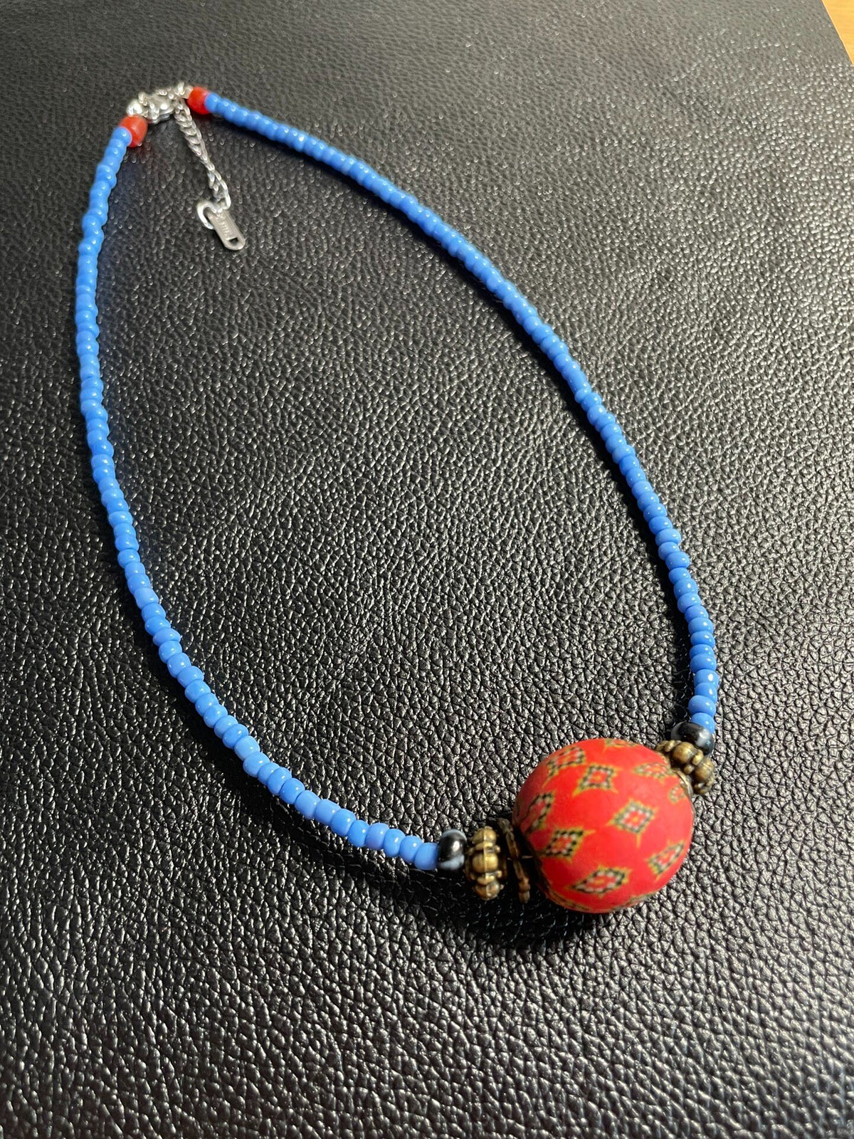 Sky Blue Bead Necklace with Red Center