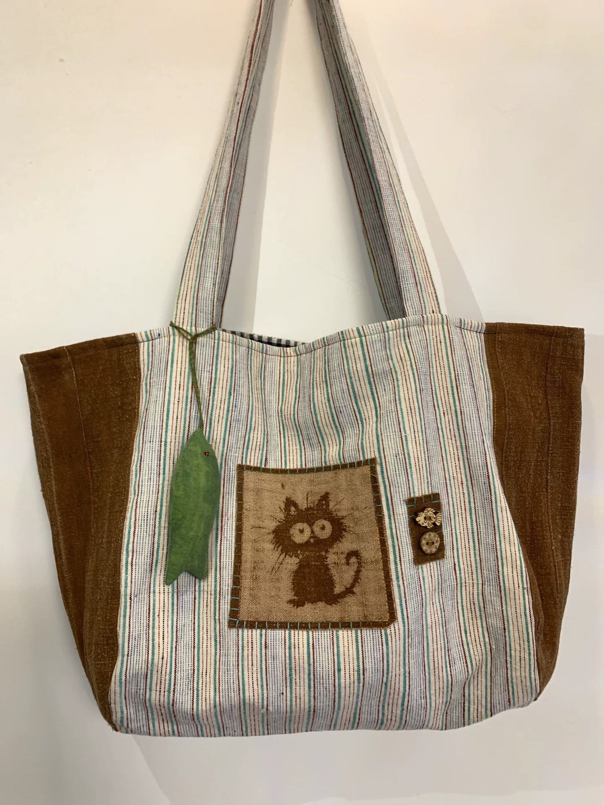 Handmade Woven Cotton Tote Bag with Cat Appliqué
