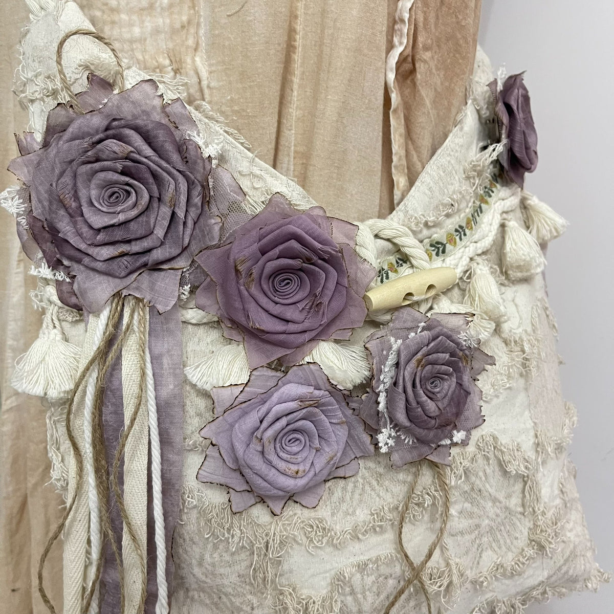 Handwoven Fabric Bag with Purple Roses