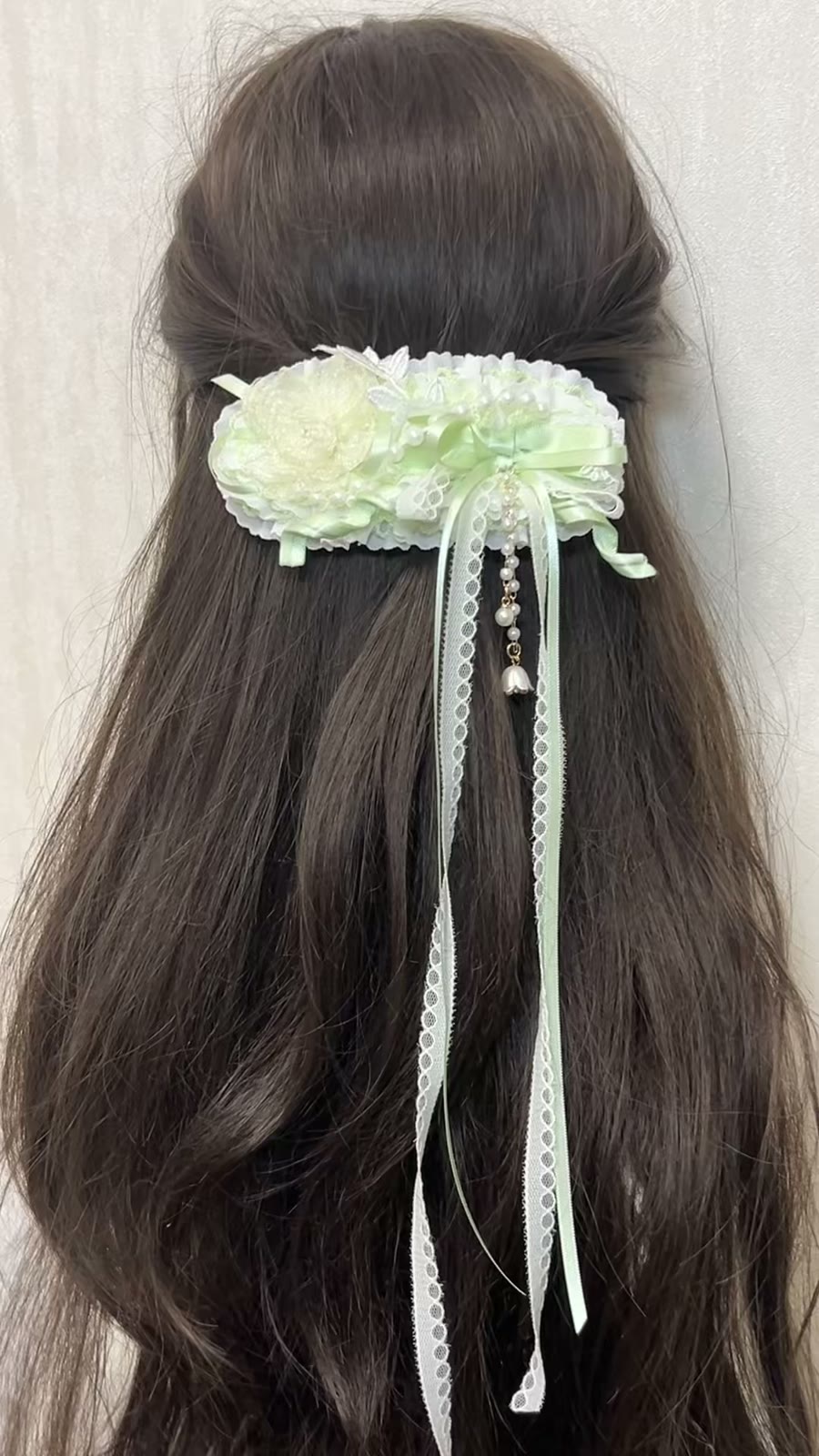 Mint Green Lace Flower Hair Clip with Ribbons