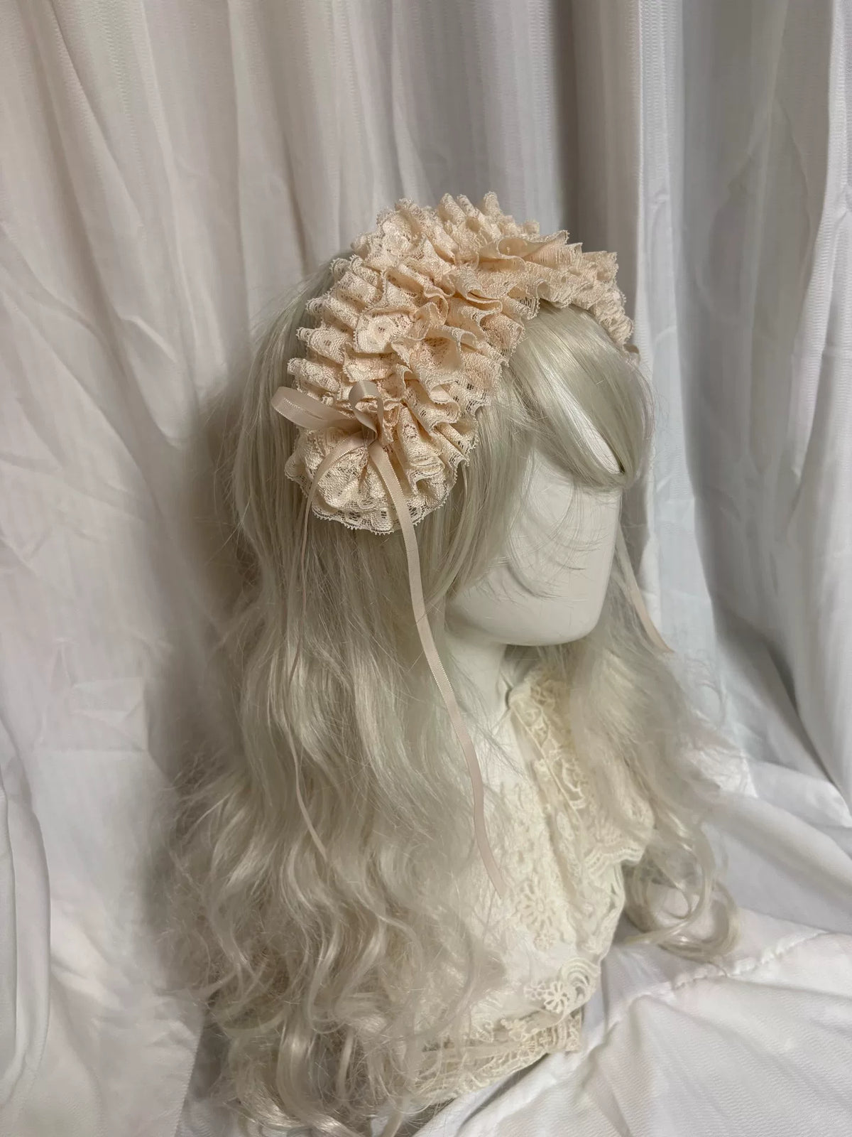 Cream Ruffled Lace Headband with Satin Bows