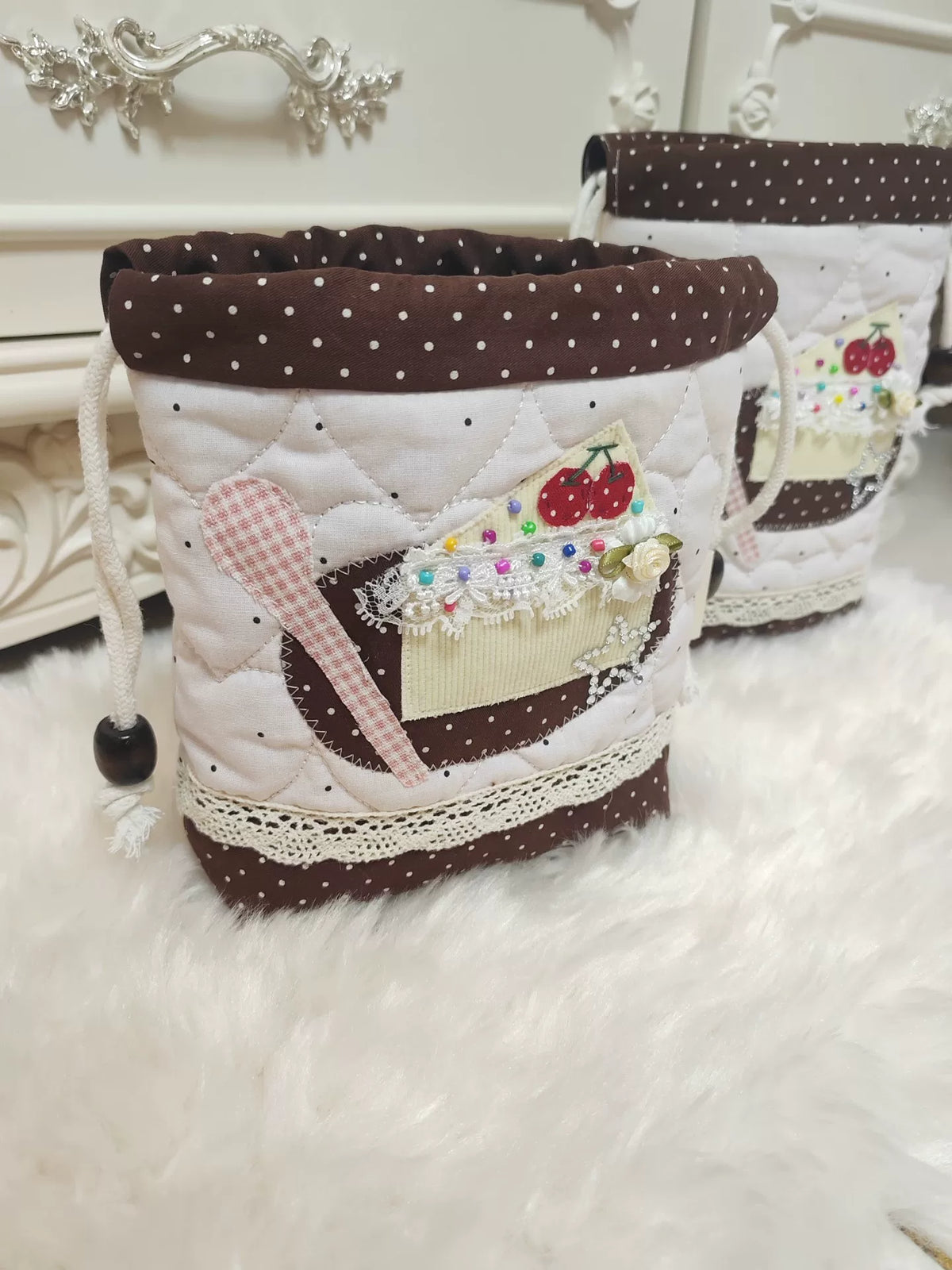 Handmade Cake Slice Drawstring Storage Pouch