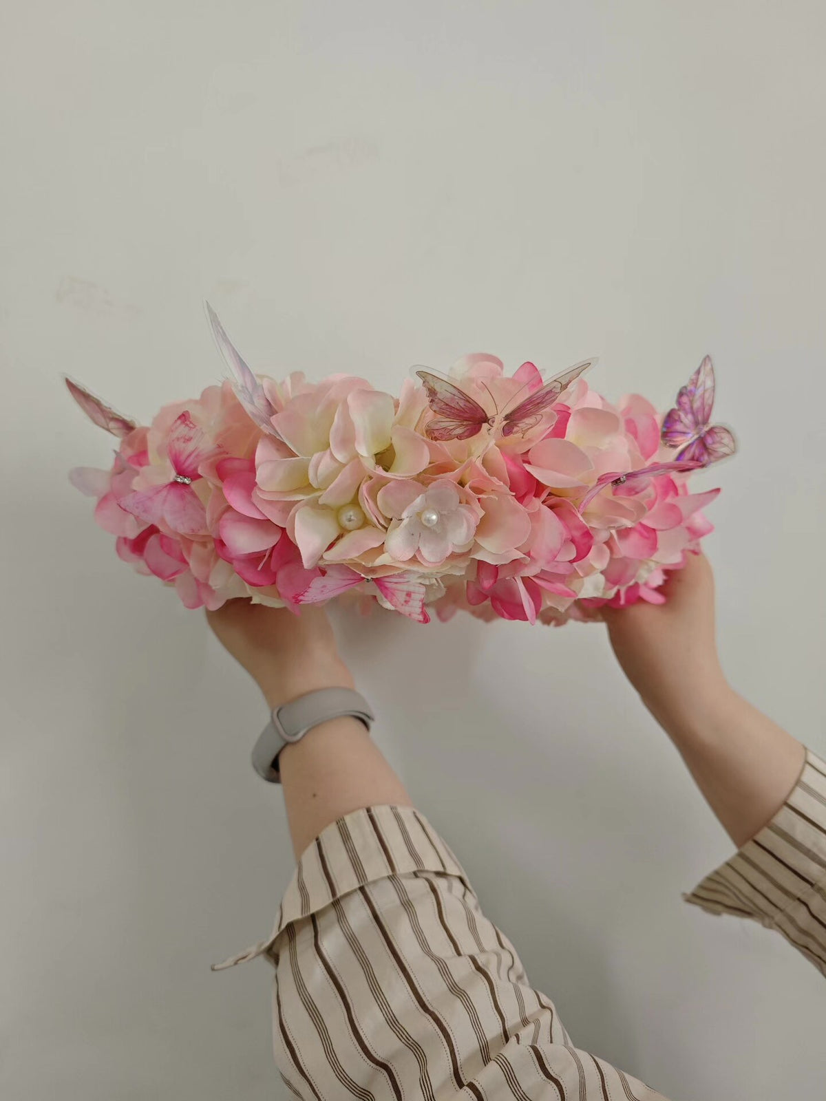 Pink Hydrangea Wreath with Butterfly Pearl Accents