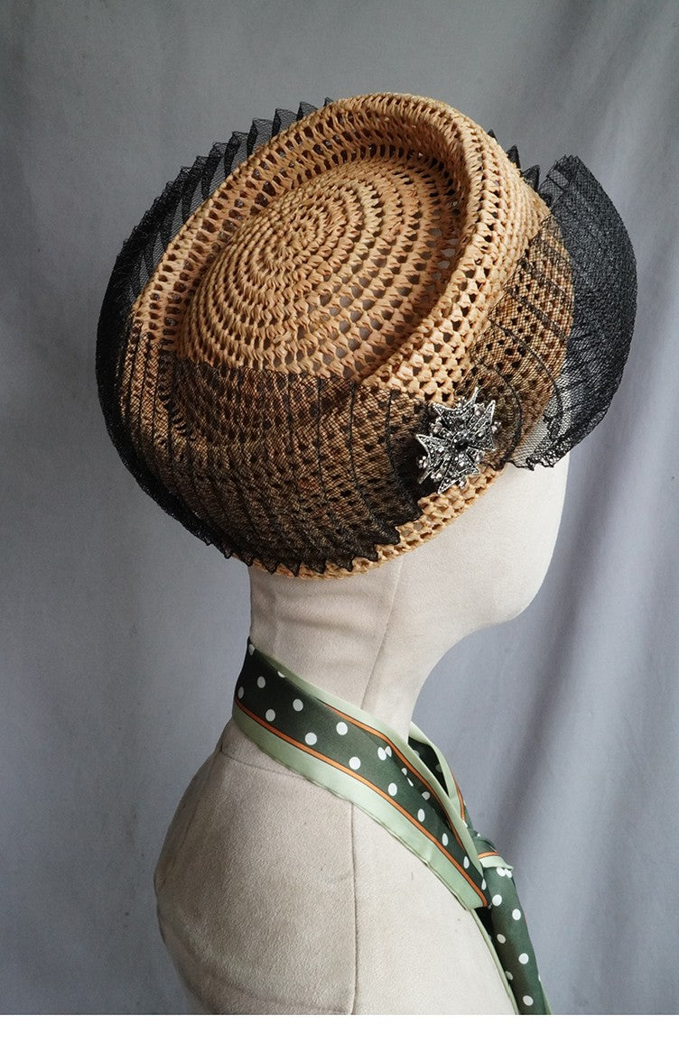 Raffia Pillbox Hat with Black Netting