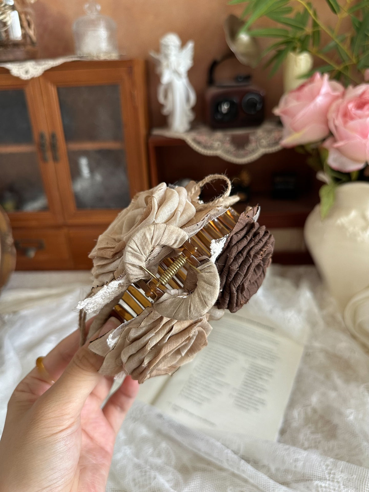 Handmade Fabric Rose Hair Claw Clip