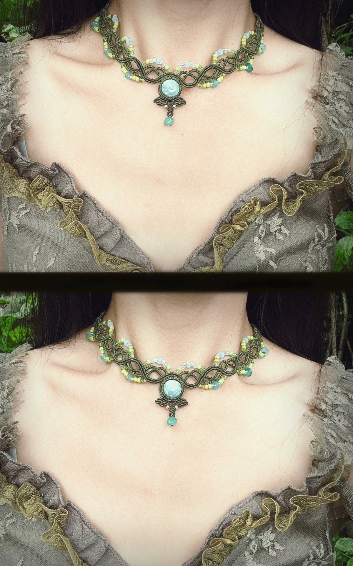 Macrame Choker Halsketting met Groene Labradoriet Steen