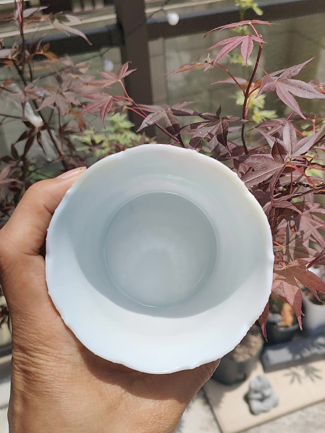 Taza de cerámica con motivos floral y borde festoneado