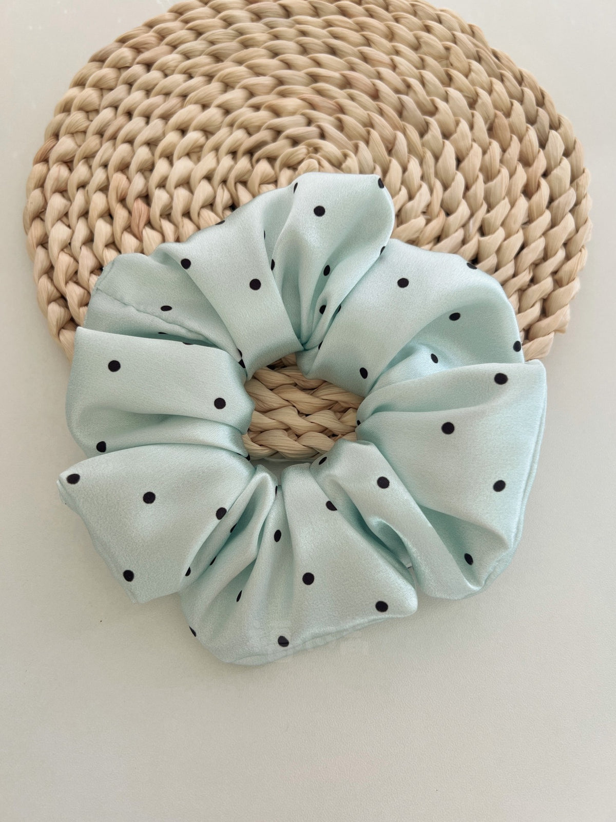 Mint Satin Polka Dot Handmade Scrunchie