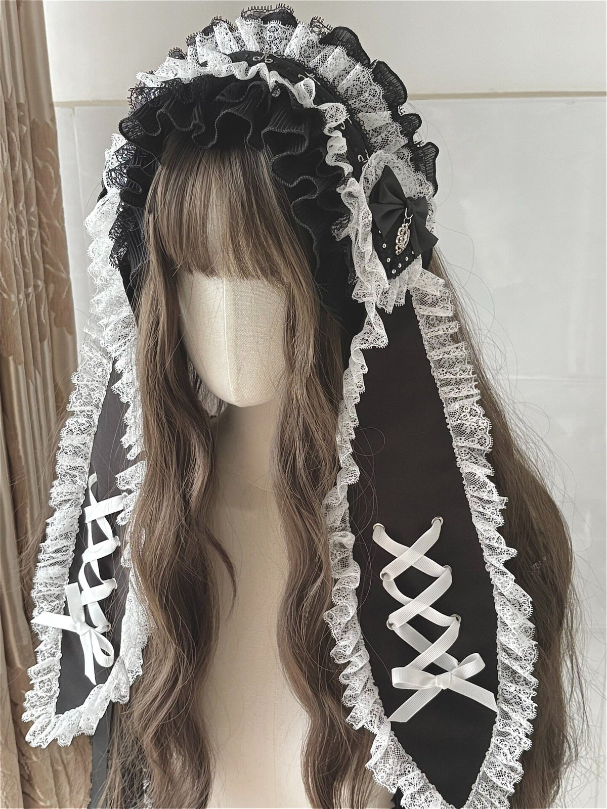 Gothic Lace Bunny Ear Headband with Ribbon Lacing