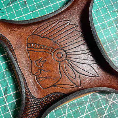 Square Vegetable-Tanned Leather Tray with Carved Portrait