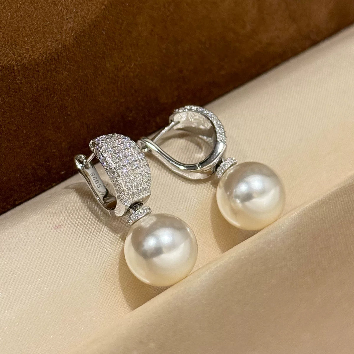 Pave Shell Pearl Drop Earrings S925 Sterling Silver