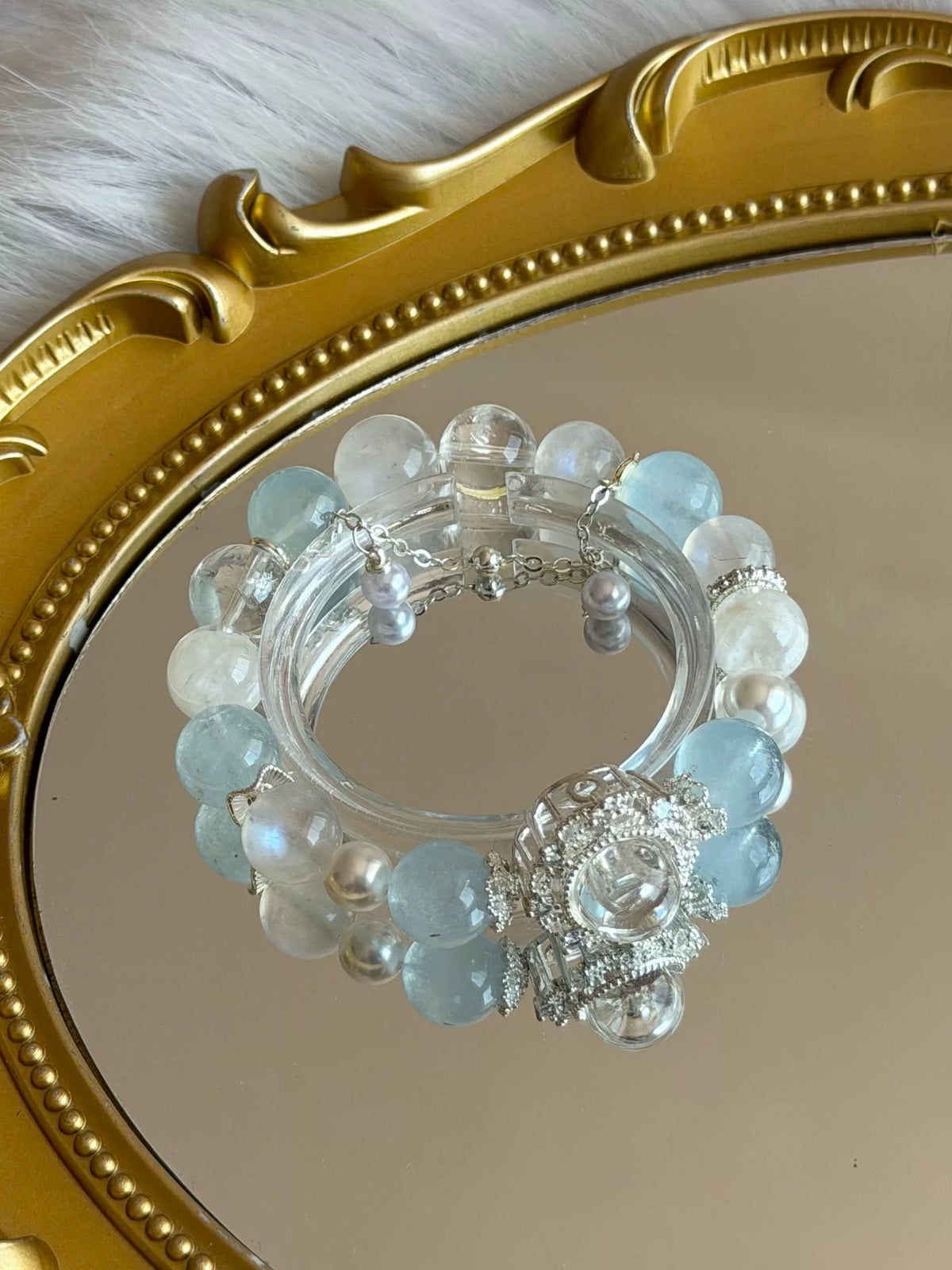 Pulseira de Cristal de Águasina, Pedra da Lua e Pérola de Concha