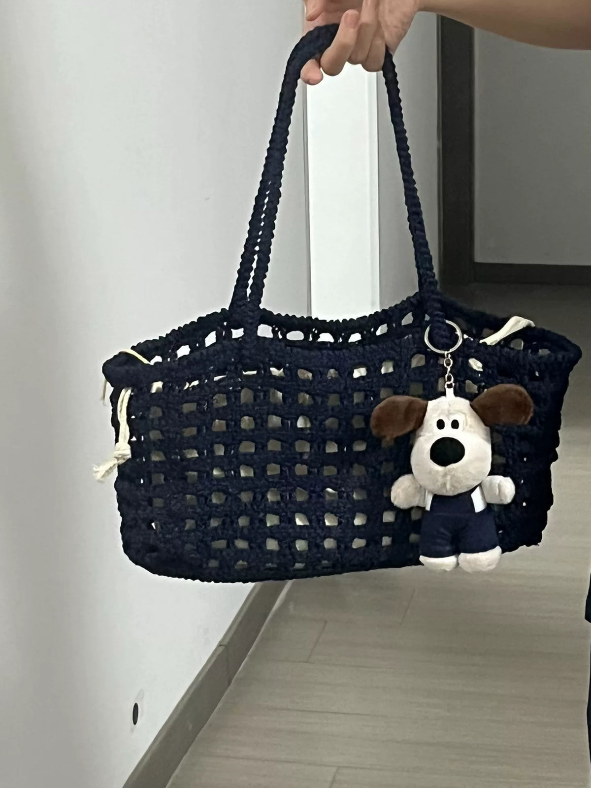Navy Open Lattice Cord Tote Bag