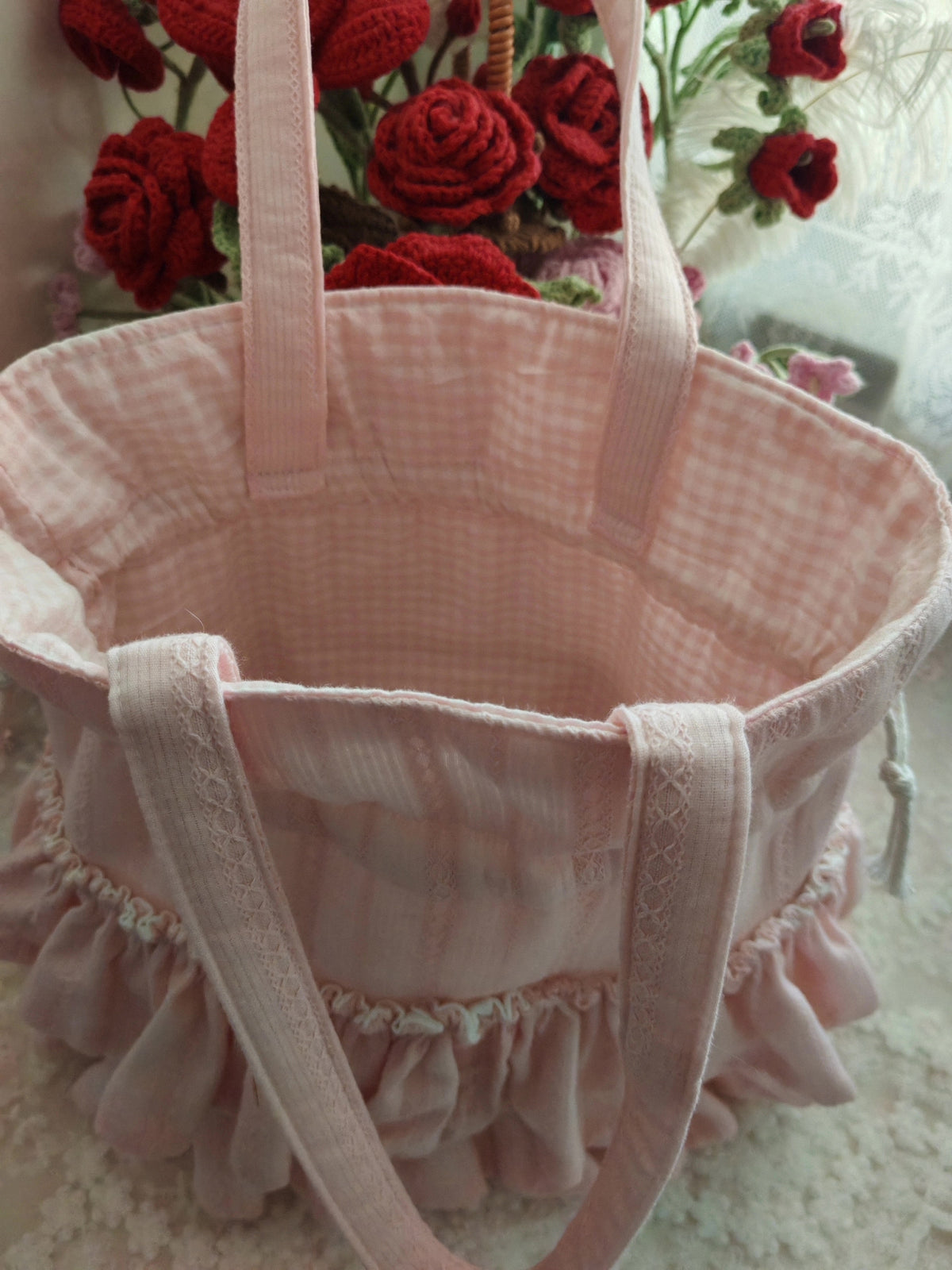 Handmade Pink Cotton Ruffle Drawstring Bag