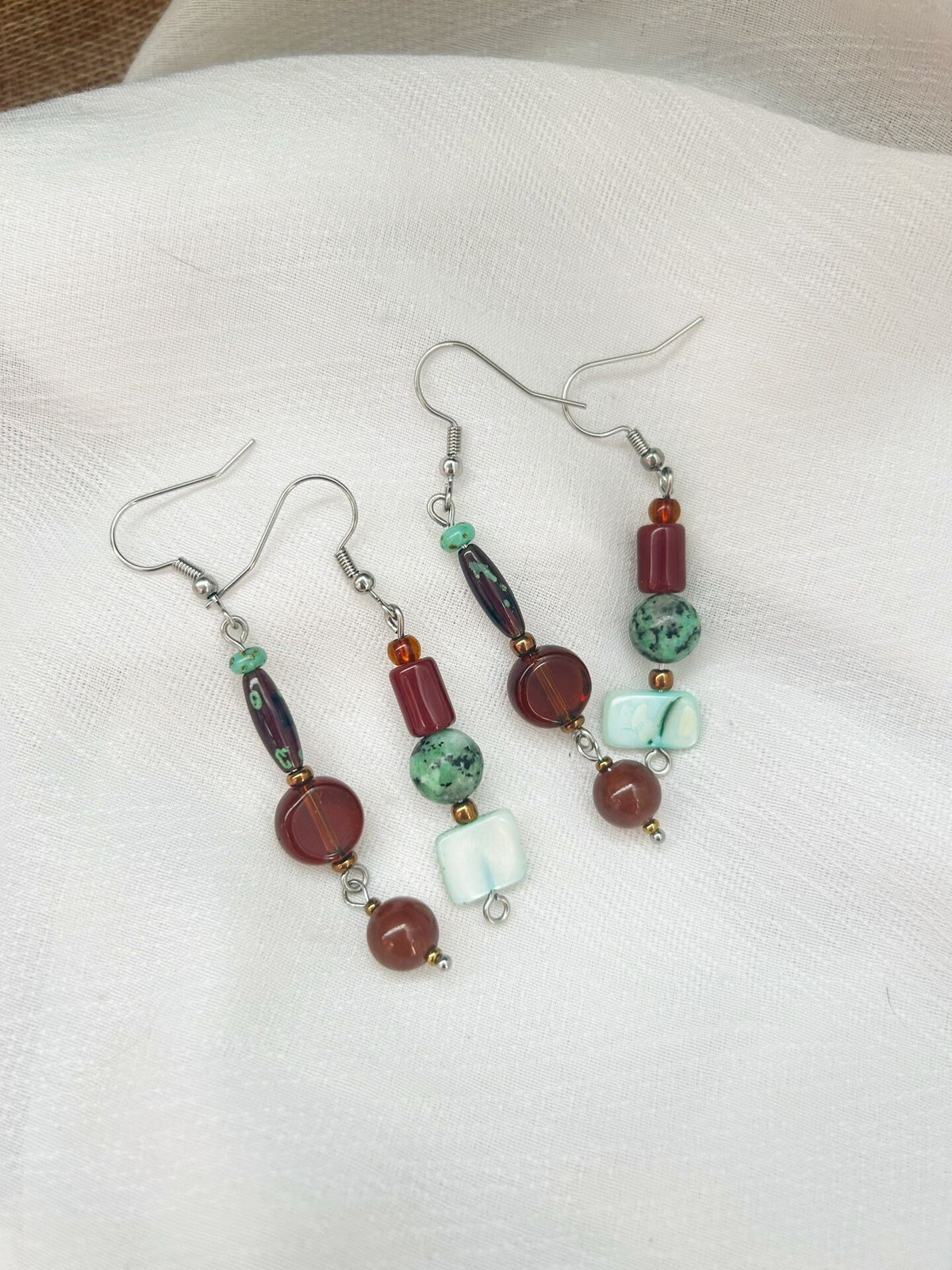 Handcrafted Beaded Dangle Earrings Green Wine Red