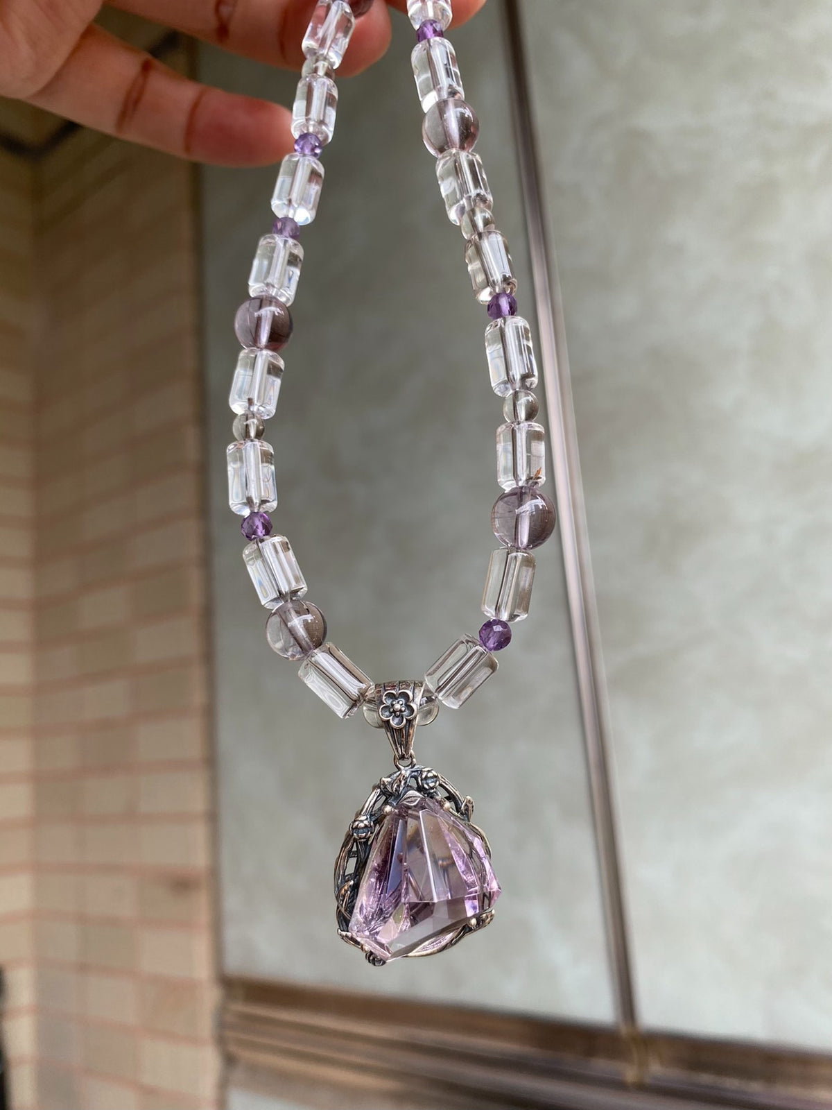 Amethyst Pendant Necklace with White Quartz Beads