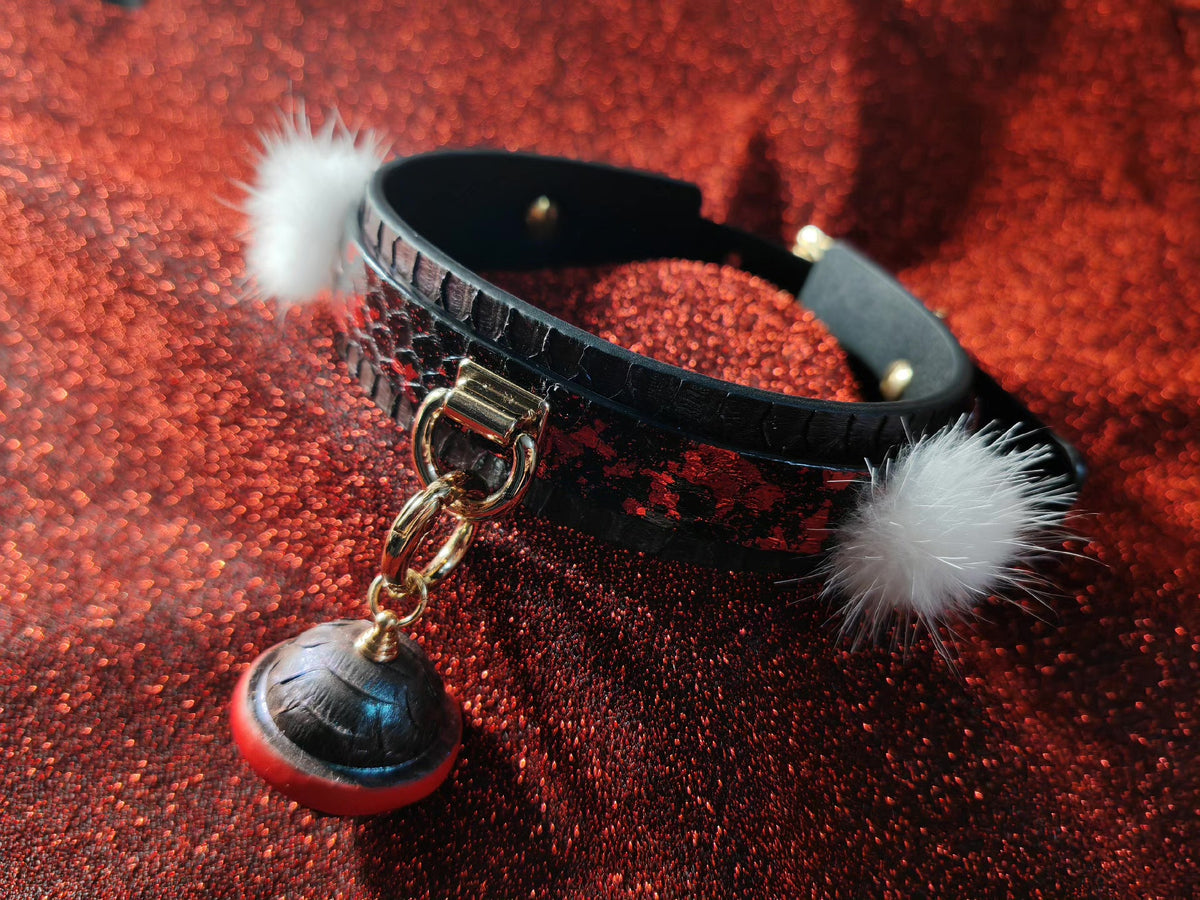 Snake Skin Bell Collar with Pom Poms