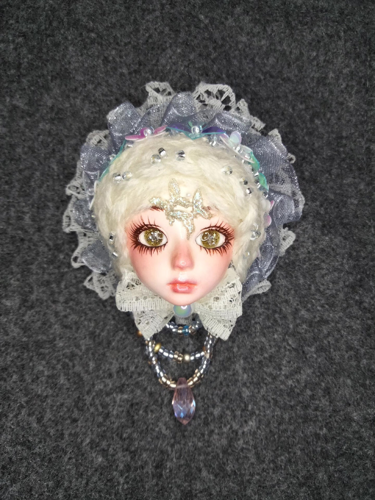 Handcrafted Doll Head Brooch with Lace Bonnet