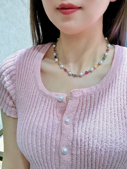Beryl and Freshwater Pearl Necklace with 18K Gold Clasp