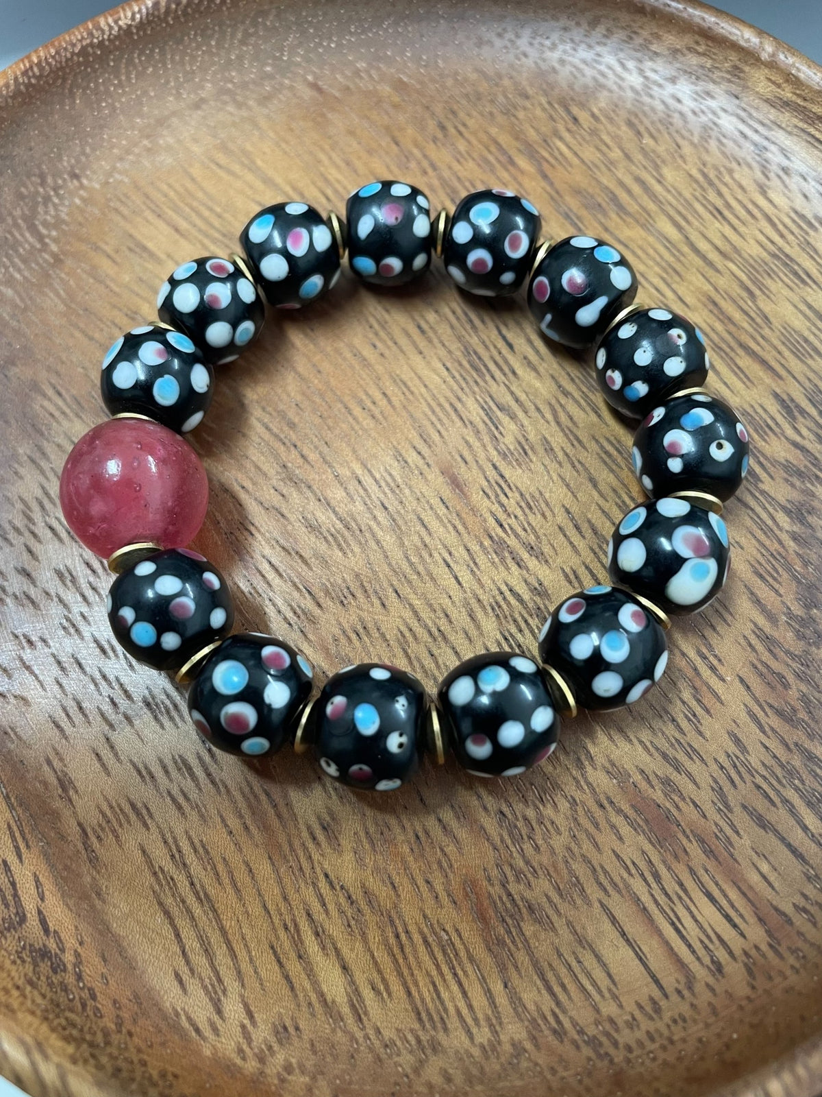 Black Polka Dot Beaded Bracelet with Pink Accent