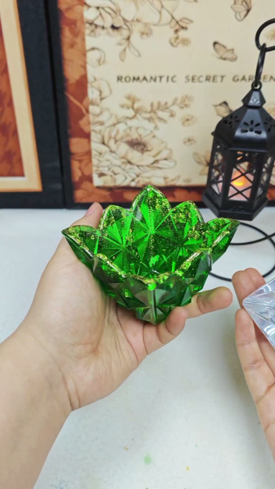 Emerald Green Resin Lotus Trinket Dish with Lid