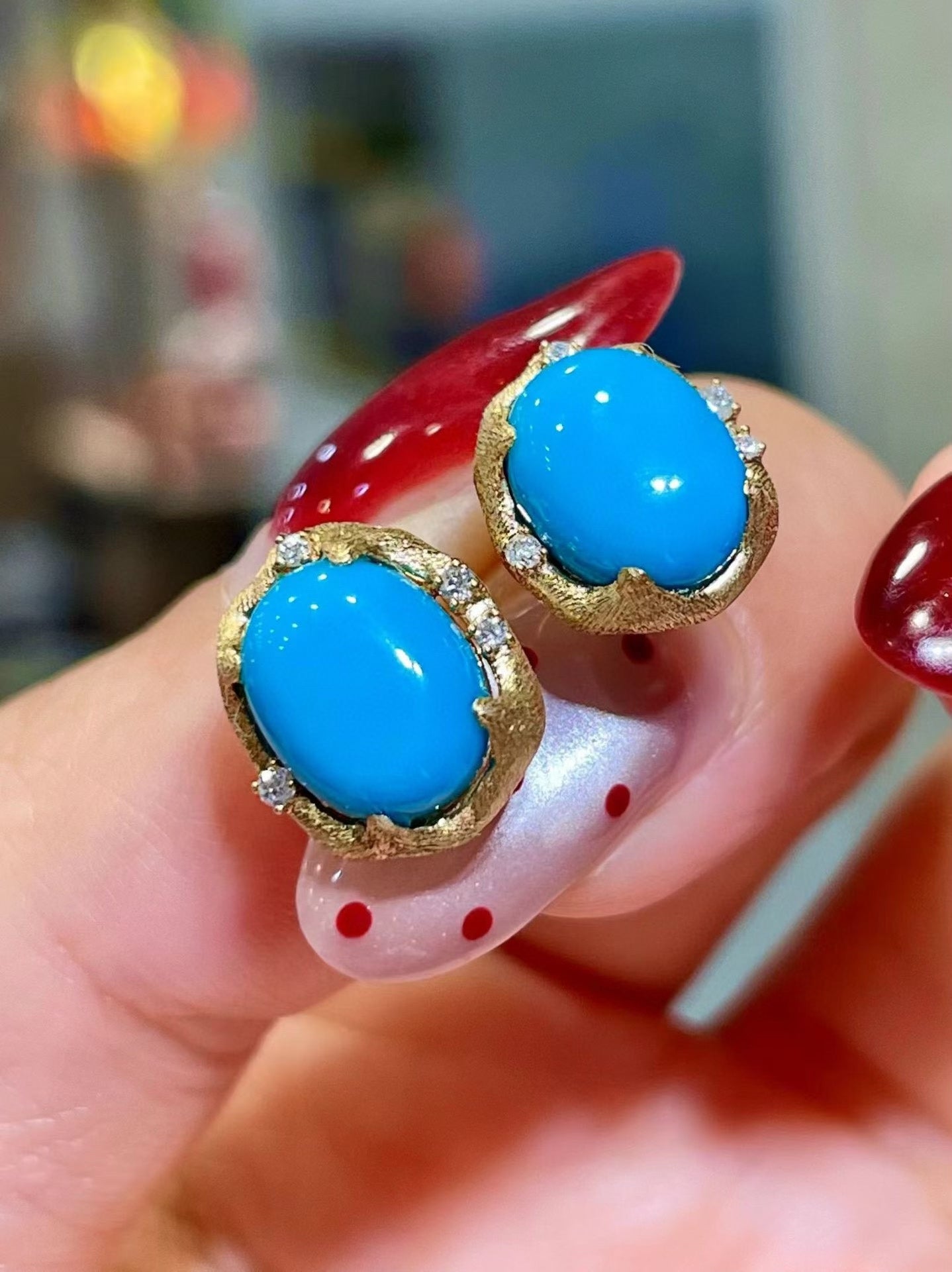 18k Gold Sleeping Beauty Turquoise Stud Earrings with Diamond Accents