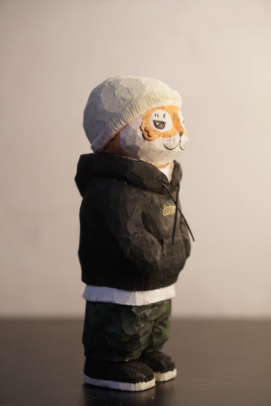 Hand-Carved Wooden Tiger Sculpture in Streetwear, 11cm