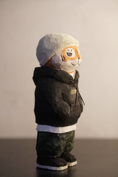 Hand-Carved Wooden Tiger Sculpture in Streetwear, 11cm