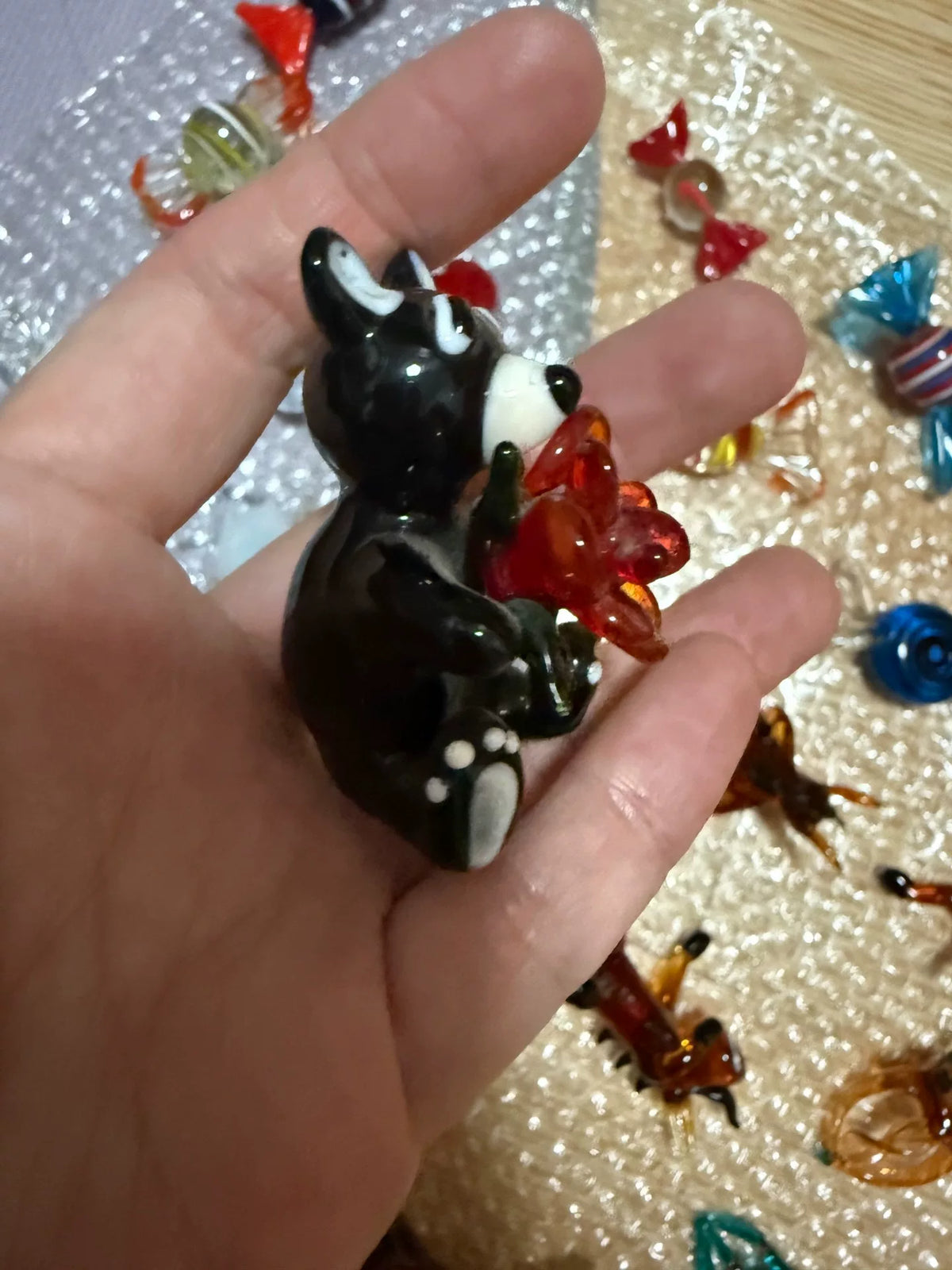 Handcrafted Liuli Glass Bear Holding Flower Figurine