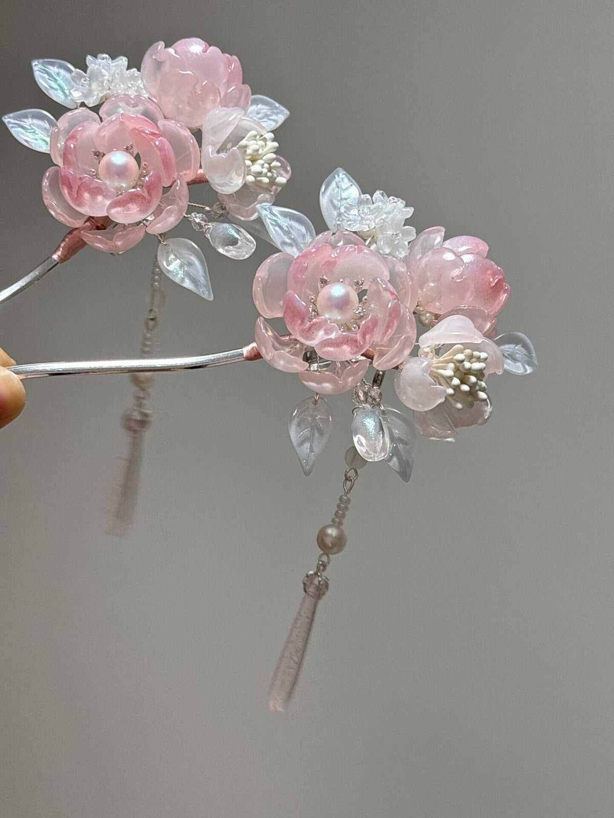 Glazed Peony Hairpin with Pink Crystal Drops