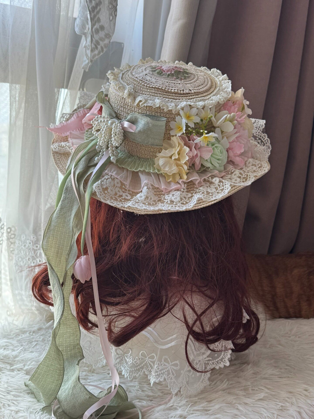 Lolita Straw Bonnet with Floral Lace Trim