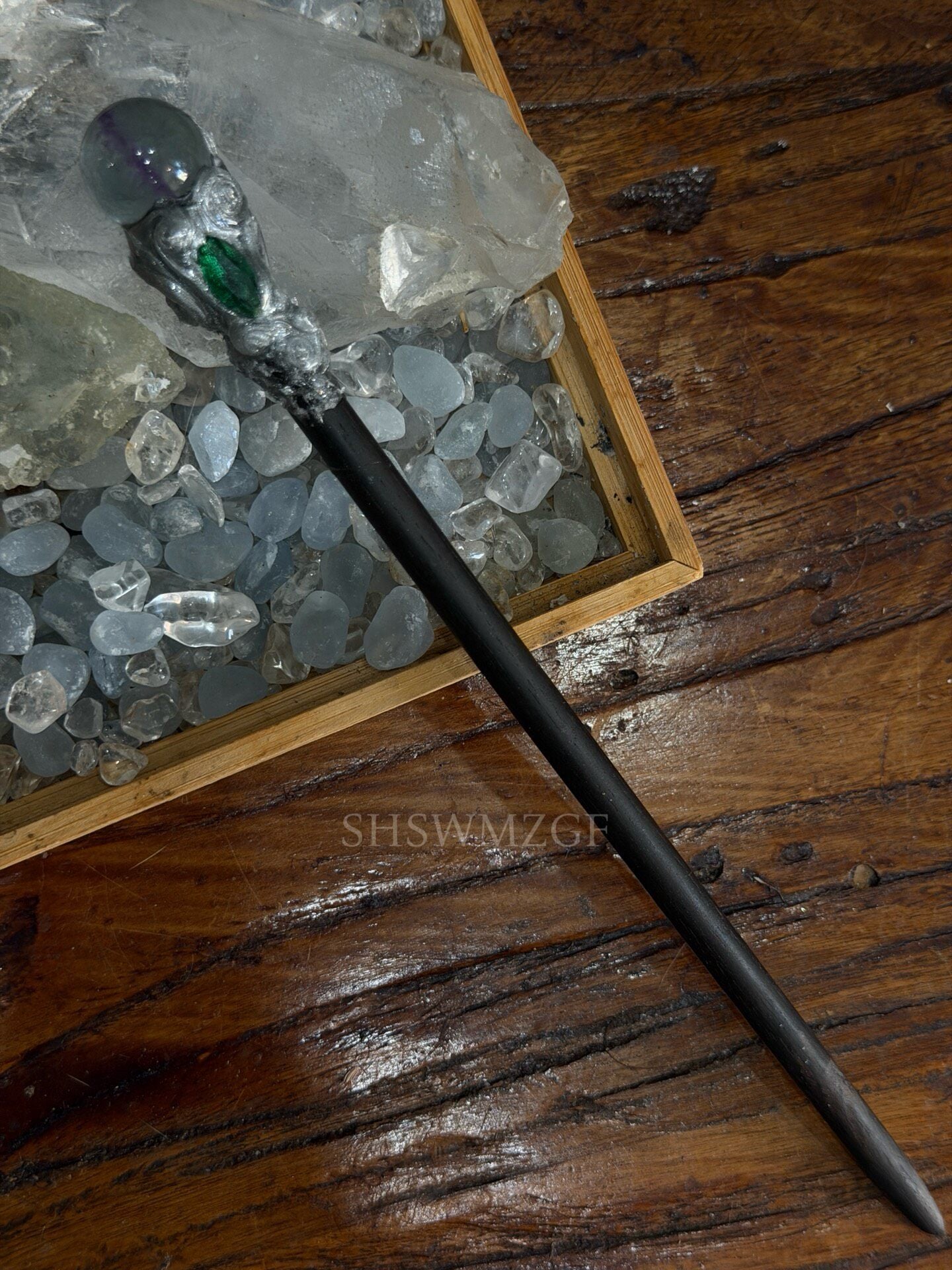 Dark Wood Hair Stick with Silver Handle, Green Gemstone, and Blue Fluorite Bead