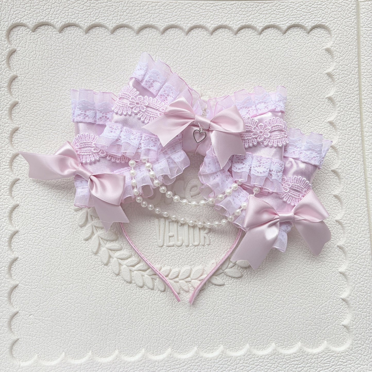 Pink Large Multi-Layer Bow Lolita Headband with Lace and Pearl Charms