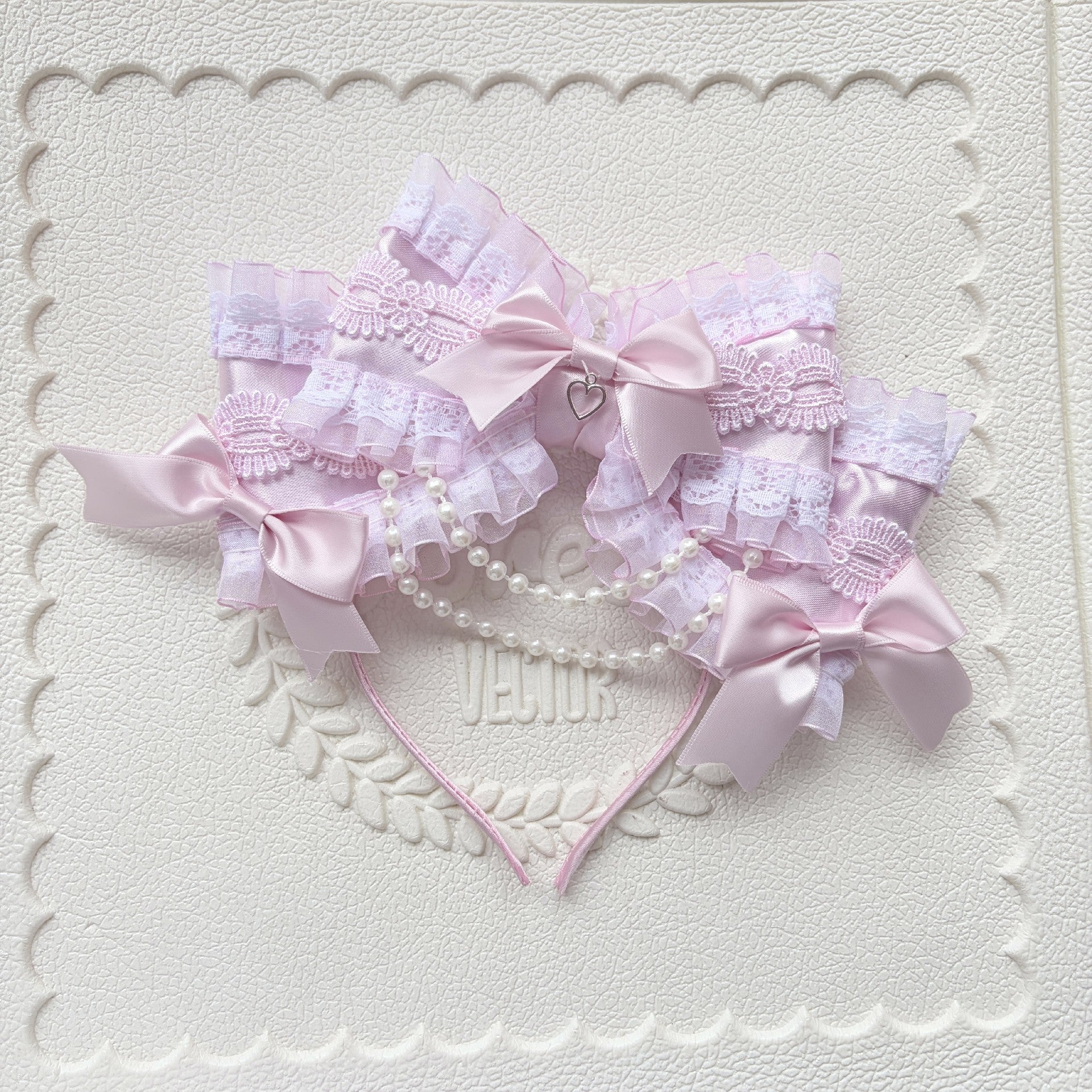 Pink Large Multi-Layer Bow Lolita Headband with Lace and Pearl Charms