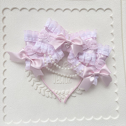 Pink Large Multi-Layer Bow Lolita Headband with Lace and Pearl Charms
