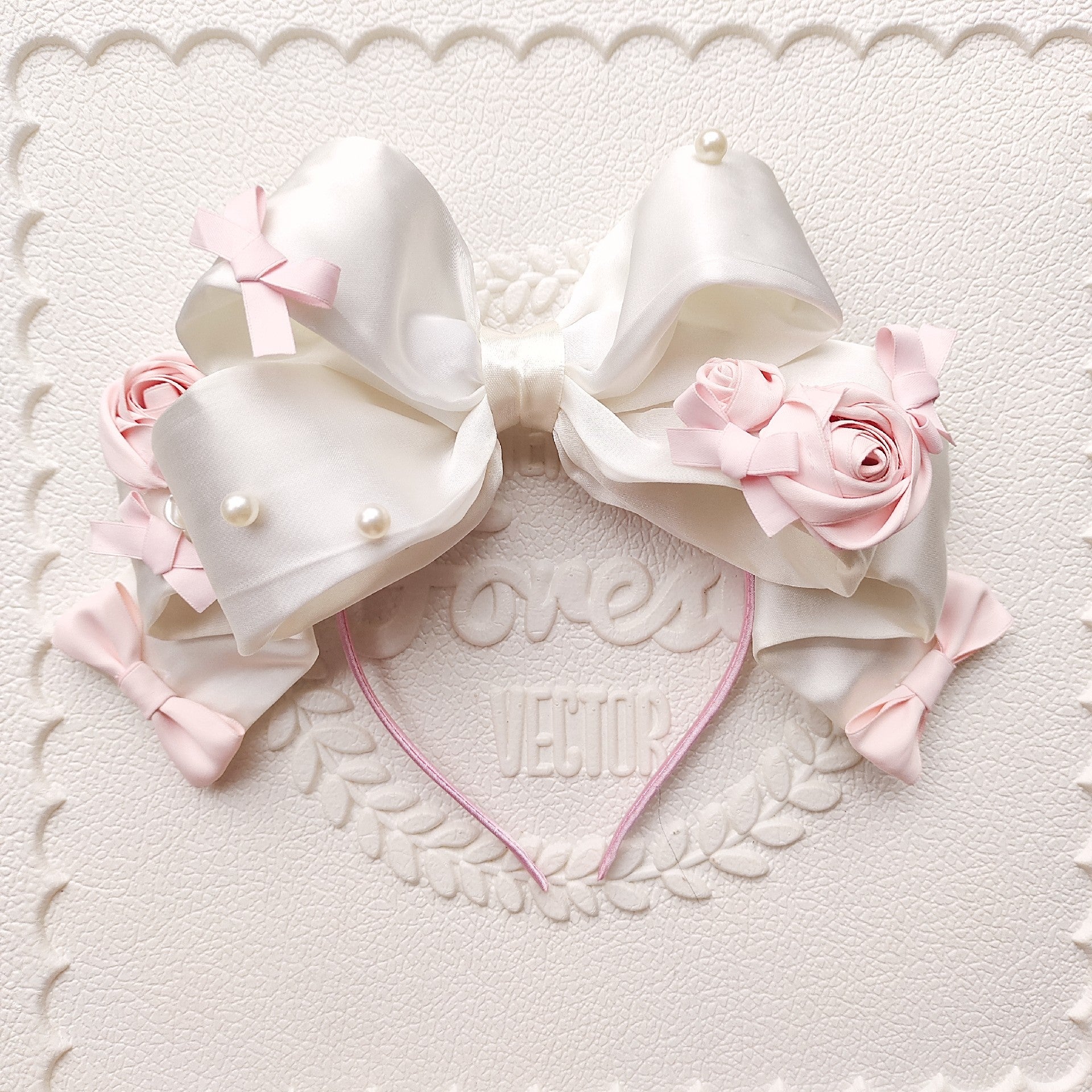 Satin Bow Headband with Fabric Roses and Pearl Accents